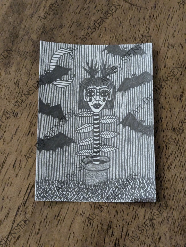 ACEO Original Gothic Bats Halloween Fantasy Girl Folk Outsider Pencil Drawing  - Image 1 of 1