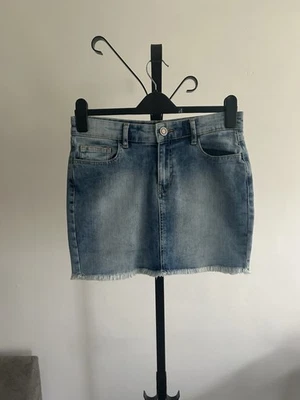 Ladies Denim Mini Skirt 10 Blue Jean Frayed Button Causal Short Holiday Summer - Image 1 of 4