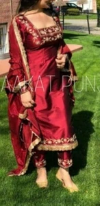 Traje 638 1474 Granate Seda Detalle Dorado Salwar Kameez Dupatta Traje Talla Grande - Imagen 1 de 2