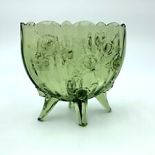 Fenton Olive Green Glass Oval 4 Footed Bowl Vase Colonial Cabbage Rose