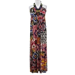 Muse Boston Proper Beaded Maxi Dress Womens 14 Red Black Halter Ikat Printed - Picture 1 of 14