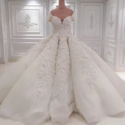 Shoulder Crystal Off Wedding Dresses Full Lace Beaded Sequins Bridal Gowns - Image 1 of 4