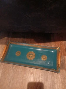 Georges Briard Hawaiian Tray Teal And Gold Wood Handles - Picture 1 of 8
