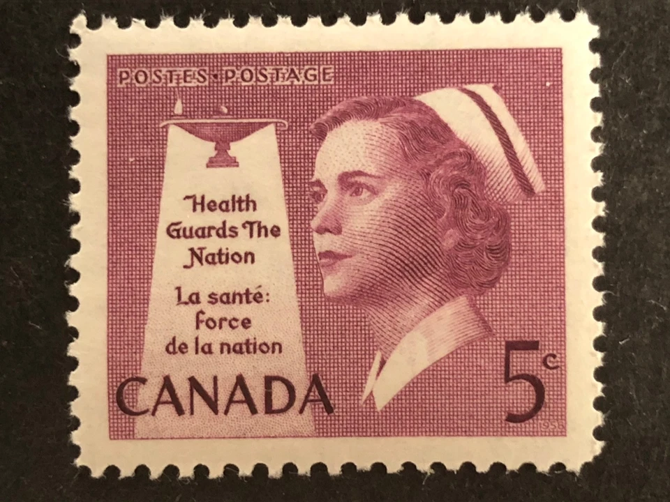 Estampilla de Canadá 1958, enfermera de salud, 5¢ rosa lila, Scott # 380, como nueva, lote # 58A6 Foto 1 de 1