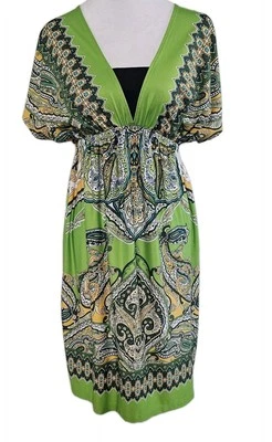 Vestido New Directions Verde Amarillo Negro Cachemira Cintura Imperio Manga Corta Talla S Foto 1 de 4