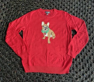 ModCloth Red Christmas French Bulldog Festive Sweater Jumper BNWOT  - Image 1 of 4