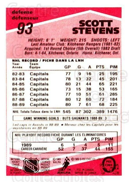 1989-90 O-Pee-Chee Tembec Test #93 Scott Stevens - Image 1 of 1