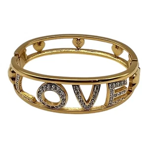 Vintage SWAROVSKI Swan Mark Pave Crystals "LOVE" Gold Tone Hinged Bracelet - Picture 1 of 10