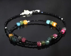 Nera Naturale Spinello Micro Sfaccettato Perline Rotonde 925 Argento Multi - Foto 1 di 2