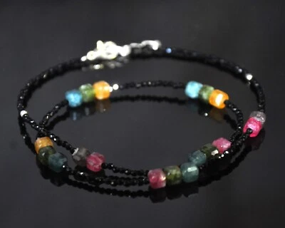 Nera Naturale Spinello Micro Sfaccettato Perline Rotonde 925 Argento Multi - Immagine 1 di 2