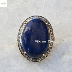 Pave Diamond Lapis Gemstone Ring Gold Vermeil Jewelry 925 Sterling Silver Gift - Picture 1 of 5