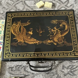 Vintage Mahjong Mah Jongg Bakelite MiniTile Game 144pcs  Green Dragon Hinged Box - Picture 1 of 18