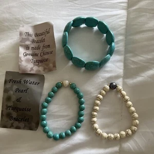 FRESH WATER PEARL & TURQUOISE BRACELET 3 PCS SET NEW/FITS 7" WRIST/EXPANDABLE - Picture 1 of 7