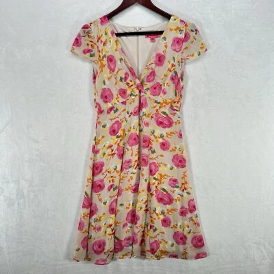 Betsey Johnson Dress Womens 6 Pink Beige Floral Rose Babydoll Chiffon Party - Image 1 of 4