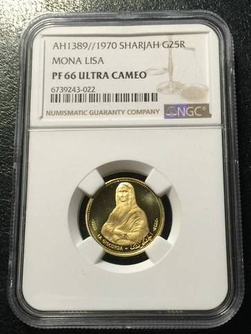 Sharjah 25R 1970 Gold Proof coin NGC PF66UC Mona Lisa Cover