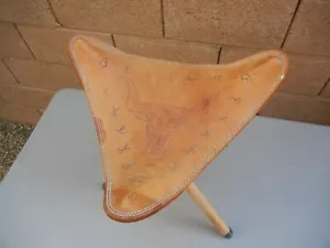 Western Tripod Camping Chair / Stool, LEATHER, Hand Finished, Embossed, Steer - Picture 1 of 14