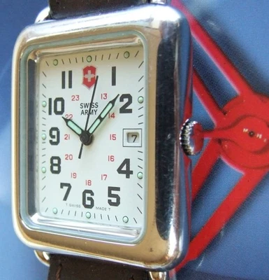 SWISS ARMY Watch+Mens Rare Polished RECTANGLE CAVALRY+CREAM Dial+OEM Leather=WOW - Image 1 of 4