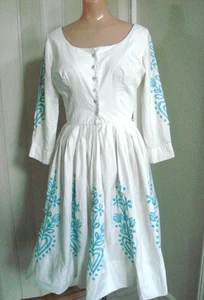 VTG 50s 60s Dress White Cotton BLUE EMBROIDERY S M Shirtdress Full Skirt TLC - Picture 1 of 14