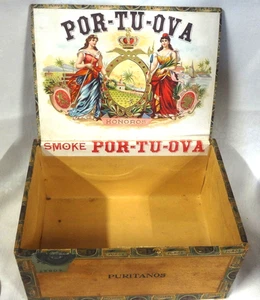 ANTIKE Holz ZIGARRENKISTE für POR-TU-OVA ZIGARREN MADURO - 1901 REV. BRIEFMARKE - RAVENA OH - Bild 1 von 15