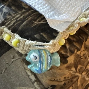 Hemp Necklace -Tan W/turquoise Colored Fish & Yellow Tiger eye Beads. - Picture 1 of 9
