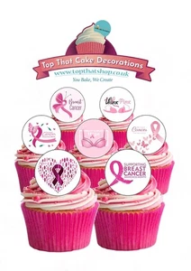 Cake Toppers Breast Cancer Charity Awareness 24 PRECUT Edible Wafer Paper Topper - Picture 1 of 7