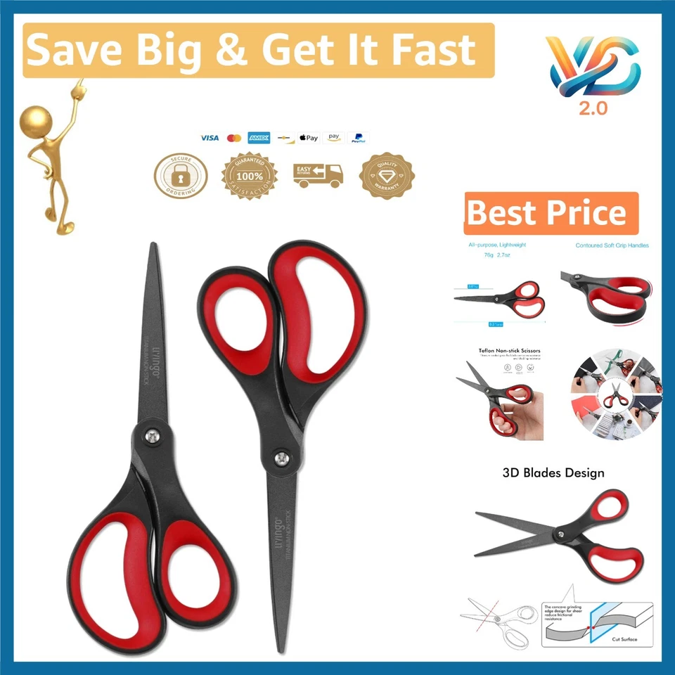 Livingo 2 Pack 8 Titanium Non Stick Scissors Professional Stainless Steel Comfor