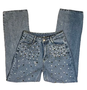 Studded Blue Jeans Size Small Straight Leg Destressed - Picture 1 of 17