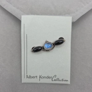 Vintage Albert Konder Sterling Silver Bar Pin – Onyx & Moonstone Handcrafted - Picture 1 of 7
