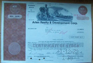 Arlen Realty & Development Corp stock certificate Payee Cede Broker Rothschild - Picture 1 of 2