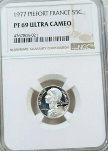 1977 FRANCE SILVER 5 CENTIMES S5C PIEFORT NGC PF 69 ULTRA CAMEO RARE HIGH GRADE  - Picture 1 of 4