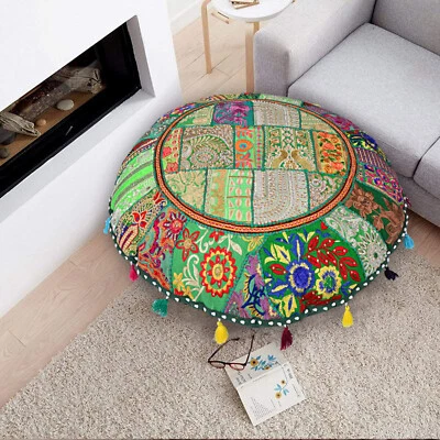Large 32" Patchwork Round Floor Pillow Cushion Cover Meditation Seating Throw - Image 1 of 4