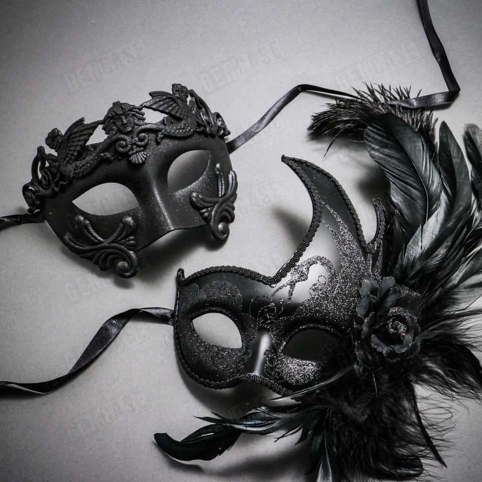 Black Men Roman Warrior & Women Glitter Feather Mask Party Couuple Masquerade - Image 1 of 1