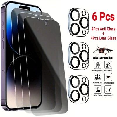 For iPhone 16 15 14 13 12 Pro Max Tempered Glass Privacy Screen Camera Protector - Image 1 of 4