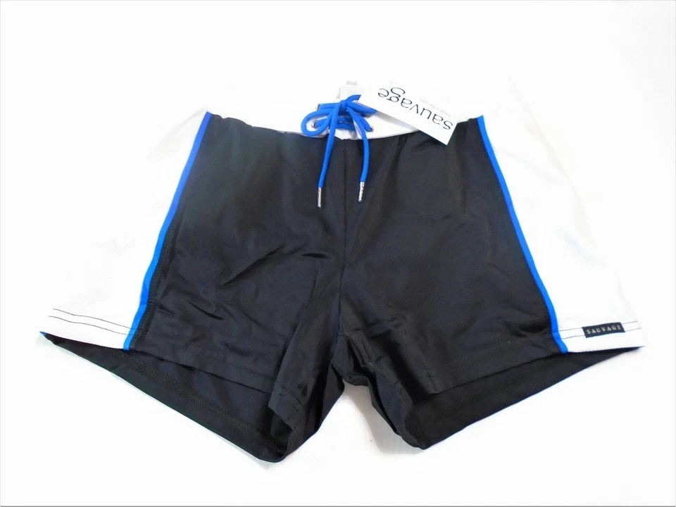 Pantalones Cortos de Natación Para Hombre Sauvage Deportivos Retro Nadador Lycra Negros con Banda Blanca 2117IM Foto 1 de 1