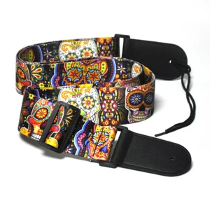 Correa de bajo para guitarra de poliéster estampada en color calavera floral de 5 cm de ancho con cabeza de cuero - Imagen 1 de 6