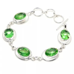 925 Sterling Silver Green Peridot Gemstone Handmade Jewelry Chain Bracelet - Picture 1 of 6