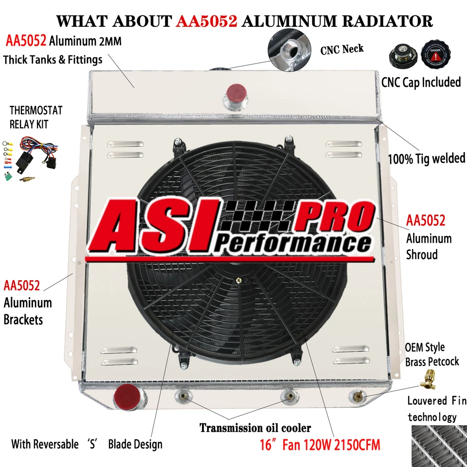 For 1953~1956 ford F-100 F250 F350 Truck V8 3 Row Aluminum Radiator+Shroud Fan - Image 1 of 4