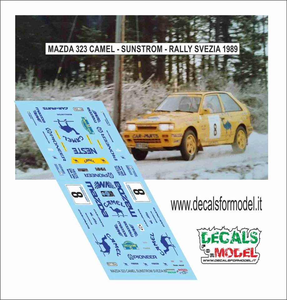 DECALS 1:43 MAZDA 323 TURBO UFF. CAMEL SUNSTROM RALLY SVEDEN 1989 - Immagine 1 di 1