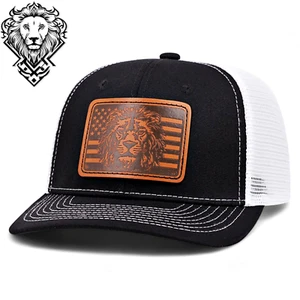 Breathable Mesh Mens Black Trucker Hat Lion Flag Leather Patch Baseball Cap - Picture 1 of 6
