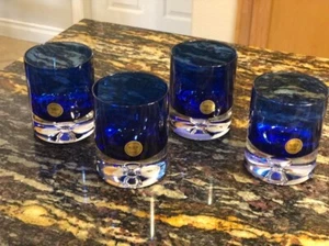 Cobalt Blue Block Stockholm Double Old Fashioned Whiskey Glasses Bubble Lot (4) - Picture 1 of 9