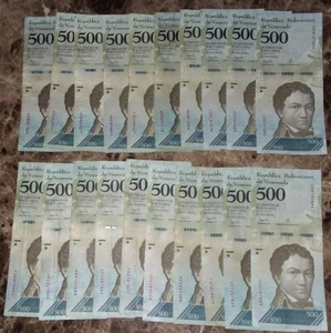 1/5 Bundle 20 pcs Bank Notes Venezuela 500 Bolivares Circulated 2007-2017  Blue - Picture 1 of 2