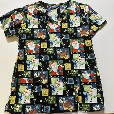 2 Scrub Tops Women Scrub World Small Christmas Patterned And Scrub HQ Turq - Image 1 of 3