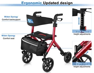 Heavy Duty Folding Rolling Wide Seat Rollator Walker With 10” front wheels 300lb - Picture 1 of 12