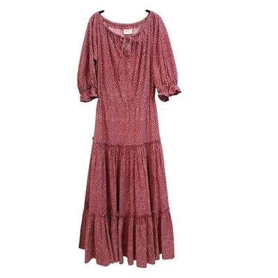 Maxi Vestido Vintage Laura Ashley Rojo Floral En Niveles Manga Abullonada Cuello Atado Algodón Foto 1 de 4