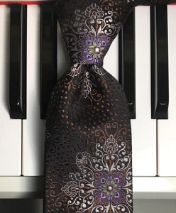 SANTORELLI / Silver Mega Medallions Italian Silk Tie on Speckled Mocha & Black - Picture 1 of 10