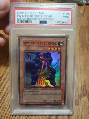 2002 YuGiOh #026 Invader Of The Throne Super Rare Magic Ruler 1st Ed PSA Mint 9 - Image 1 of 3