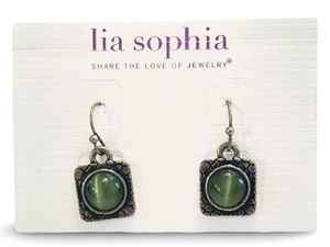 Lia Sophia “Topiary” Green Glass Cats Eye Antique Gold Tone Drop Dangle Earrings - Picture 1 of 2