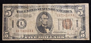 1934 A Hawaii $5 Federal Reserve Note WWII Emergency Issue - Picture 1 of 3