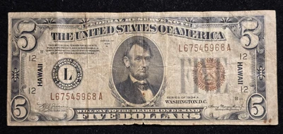 1934 A Hawaii $5 Federal Reserve Note WWII Emergency Issue - Image 1 of 3