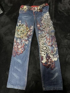 Hanachofugetsu Karakuri Tamashii Japanese denim pants with embroidered tiger and - Picture 1 of 6